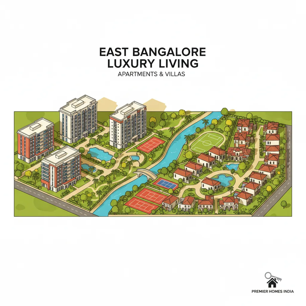 Modern residential real estate infographic showing luxury apartment buildings and villa community in East Bangalore