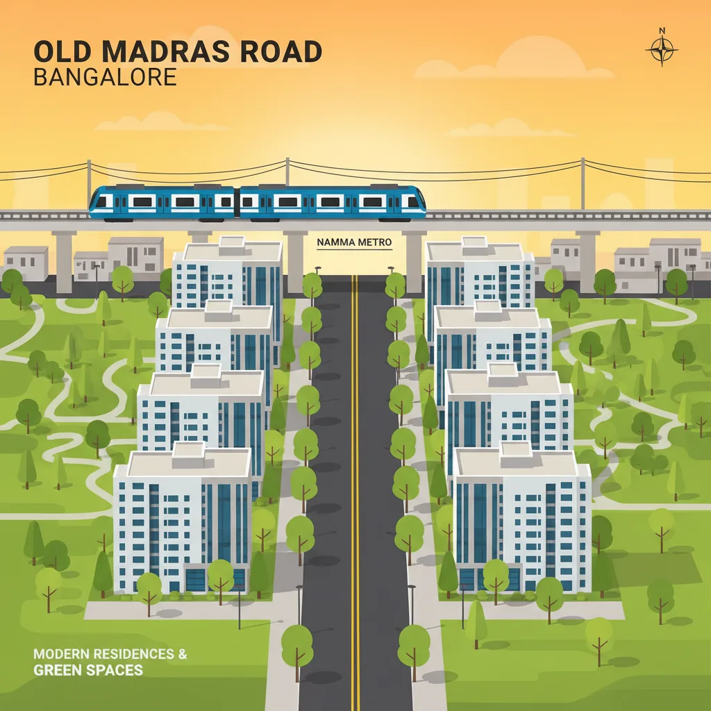 Old Madras Road Bangalore Reviews - Modern residential corridor aerial view with Namma Metro
