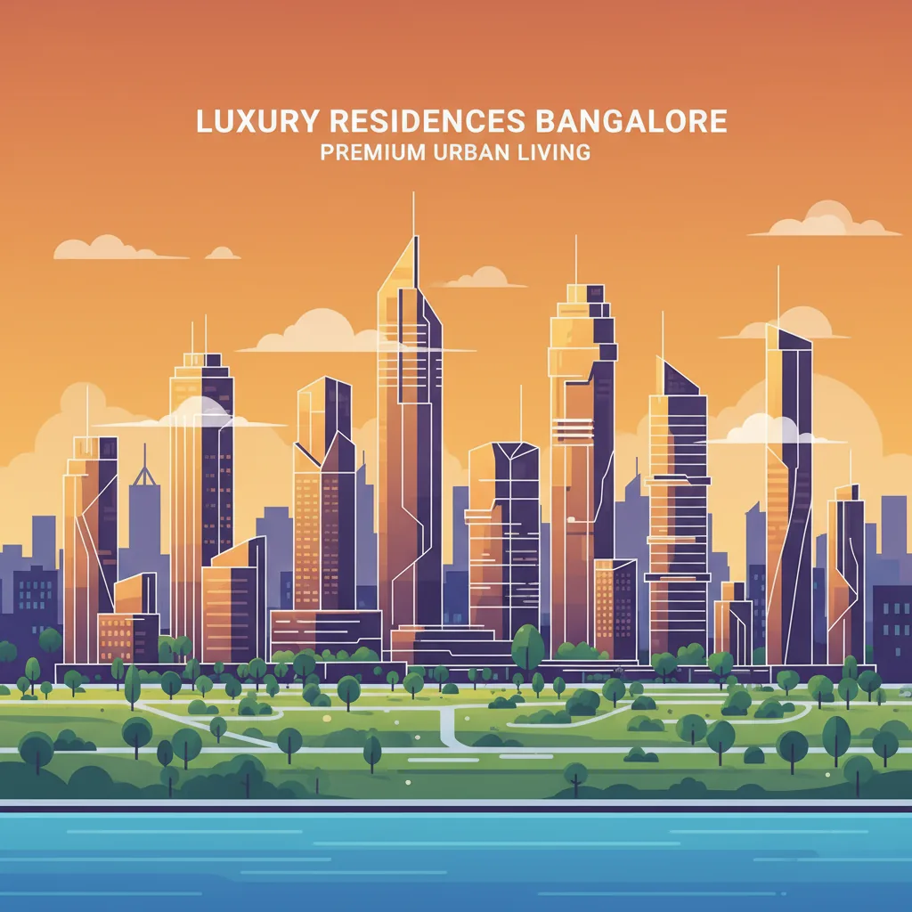 Modern luxury residential towers skyline at sunset with 18 high-rise apartment buildings and landscaped gardens