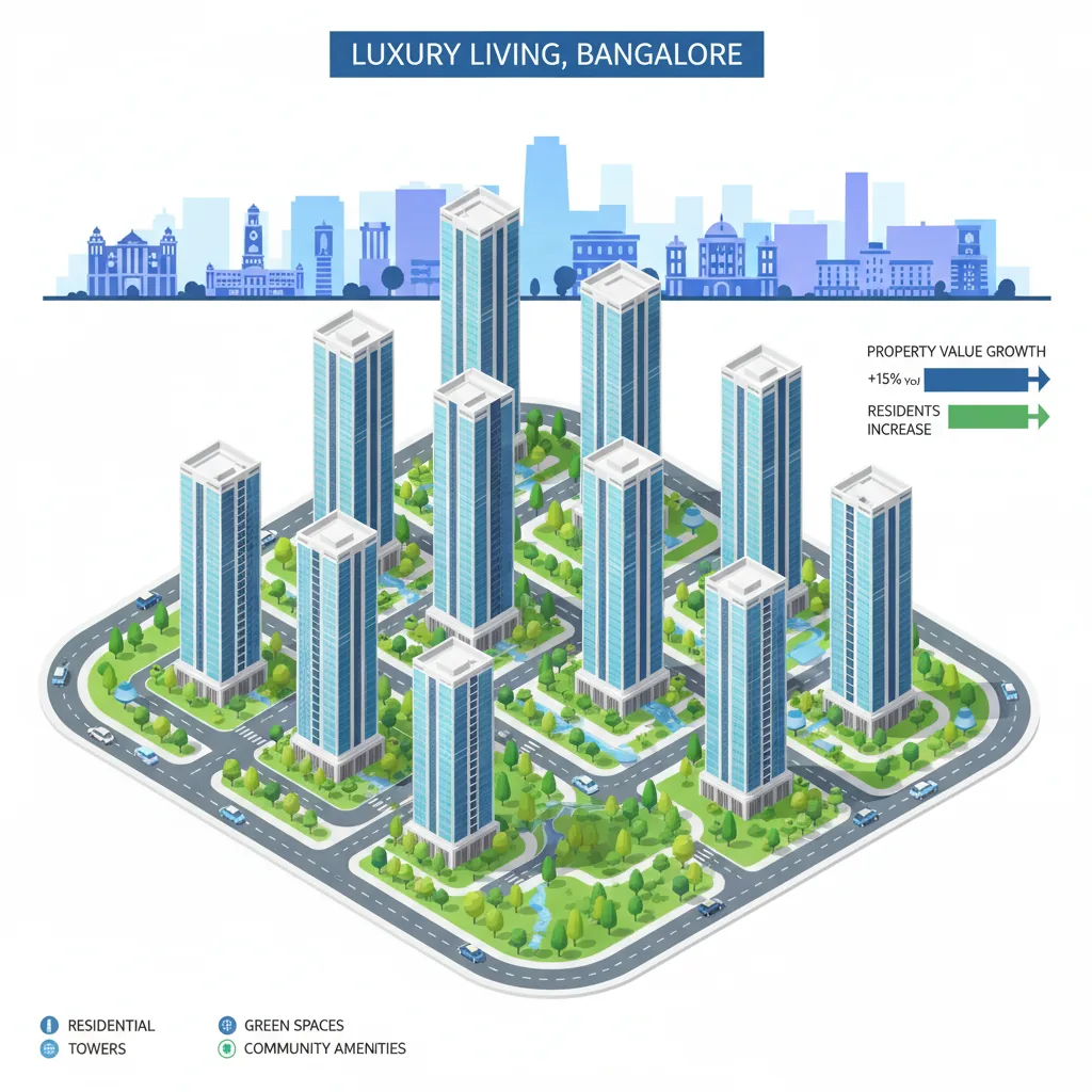 Modern luxury residential township aerial view with 18 glass towers and Bangalore skyline - Pre-Launch Projects in Bangalore 2026