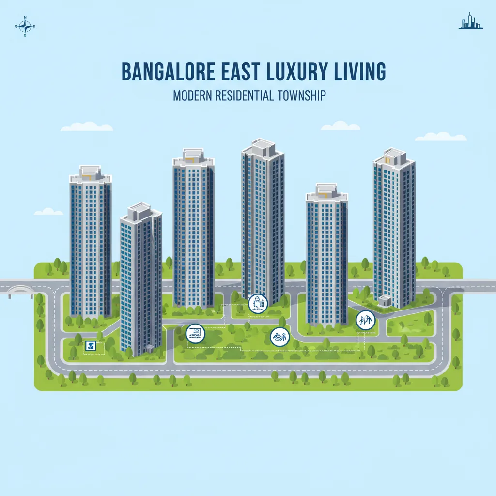 Pre Launch Projects in Bangalore East - Modern real estate infographic showing luxury residential towers and township development