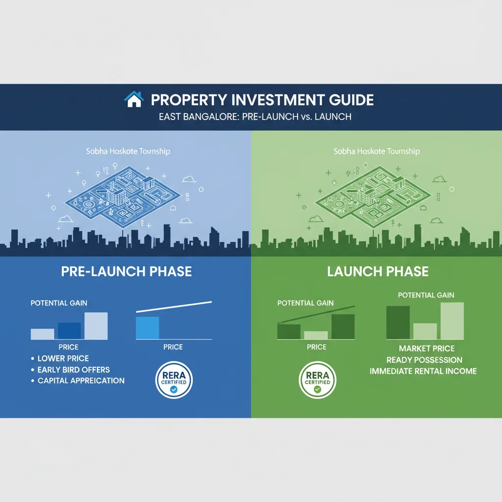 Pre-launch vs Launch Price Benefits in East Bangalore - real estate infographic comparing property buying phases with East Bangalore skyline and RERA certification elements