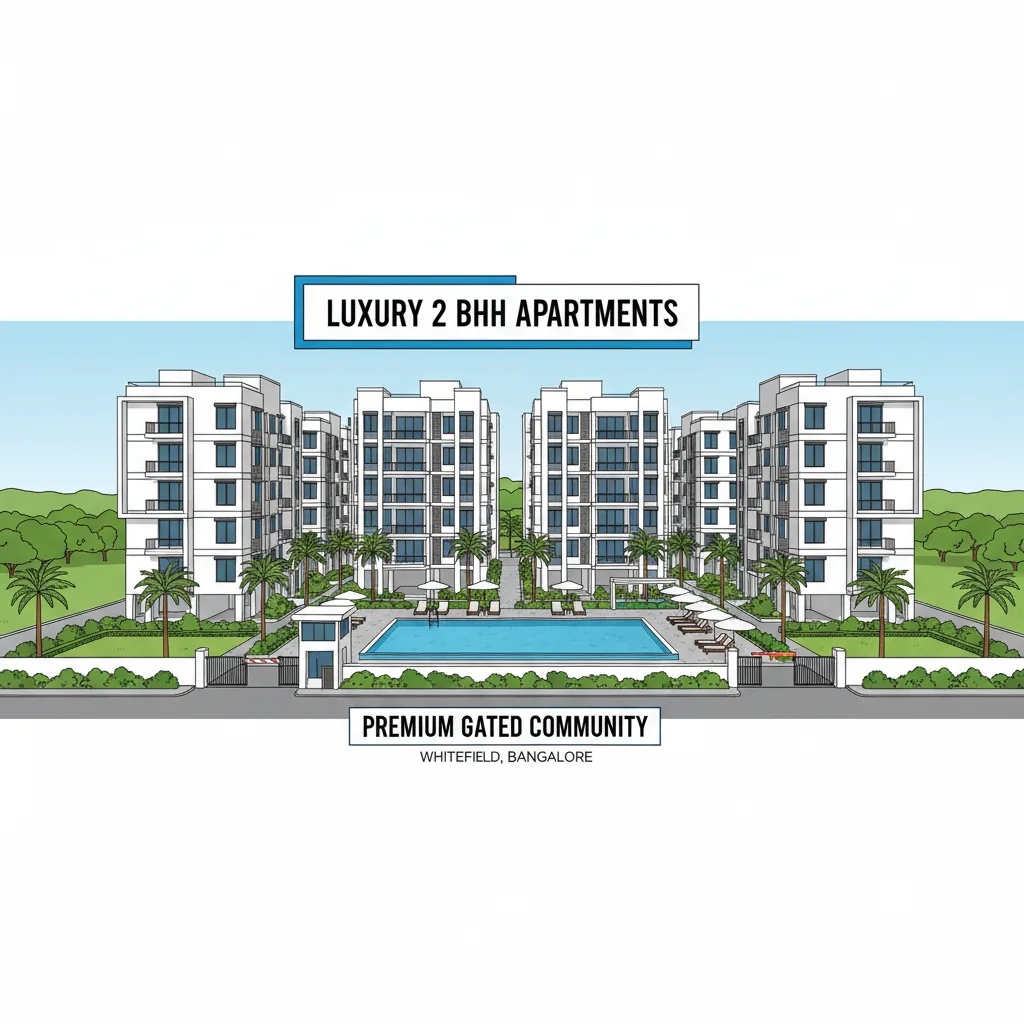Modern residential apartment buildings in Whitefield Bangalore, premium gated community with swimming pool and green landscaping visible, contemporary architecture, bright daylight, real estate photography style, showing luxury 2 BHK lifestyle
