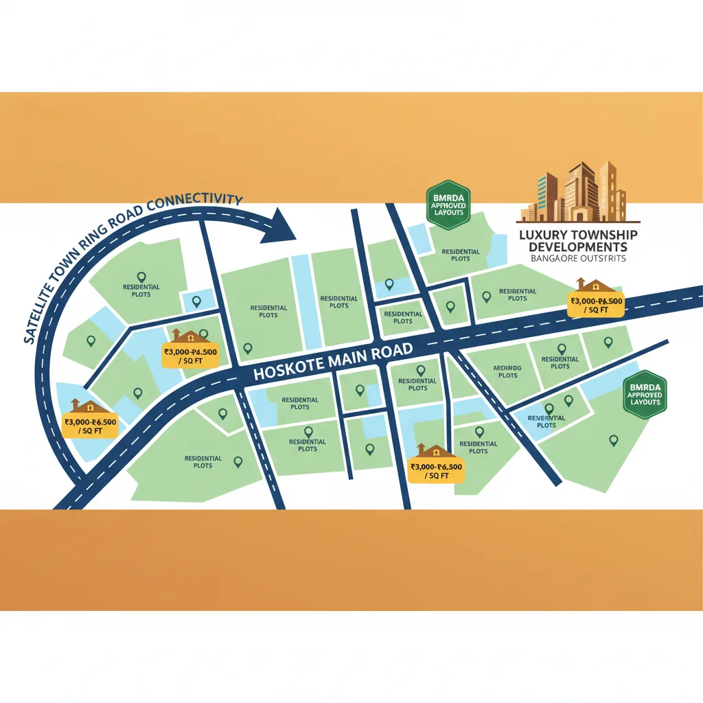 Land and plot prices in Hoskote Main Road 2026 - Residential plots ranging ₹3,000-₹6,500 per sq ft with BMRDA layouts
