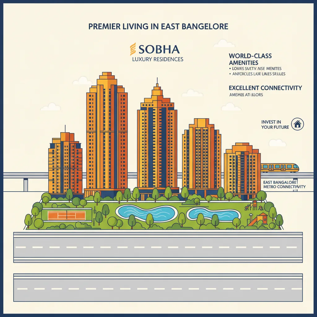 Modern residential real estate infographic showing luxury Sobha apartment towers in East Bangalore with green landscaping and amenities