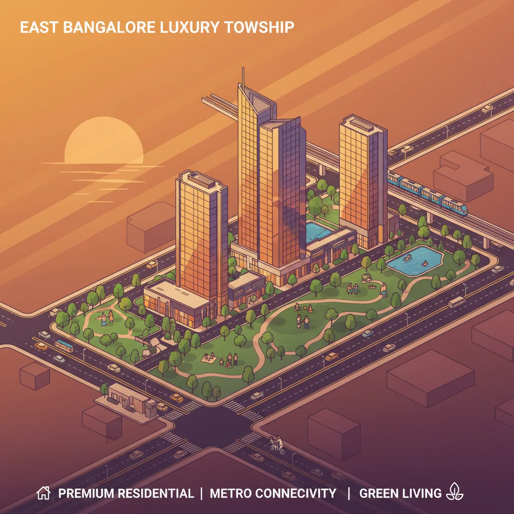 Modern luxury residential township aerial view in East Bangalore with glass towers, green parks, and metro connectivity