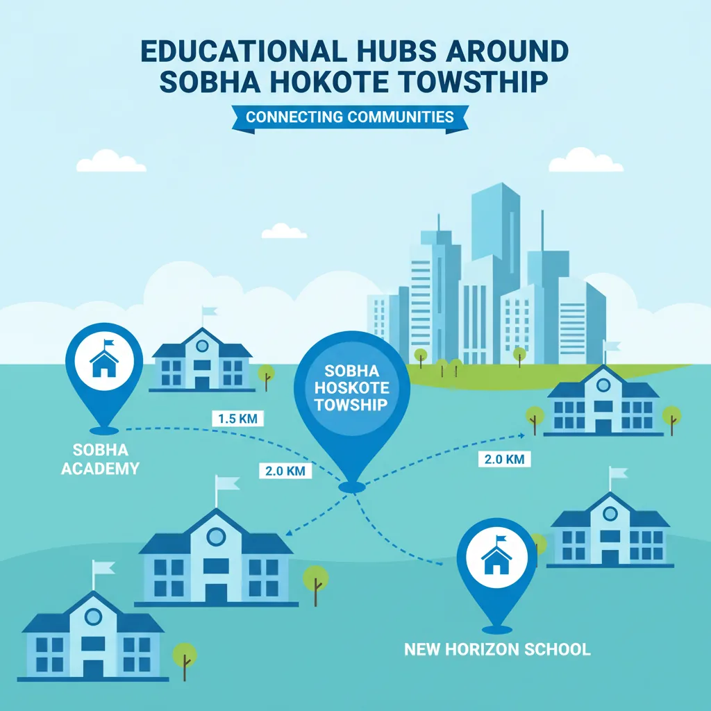 Educational infographic showing school buildings and location pins around Sobha Hoskote township