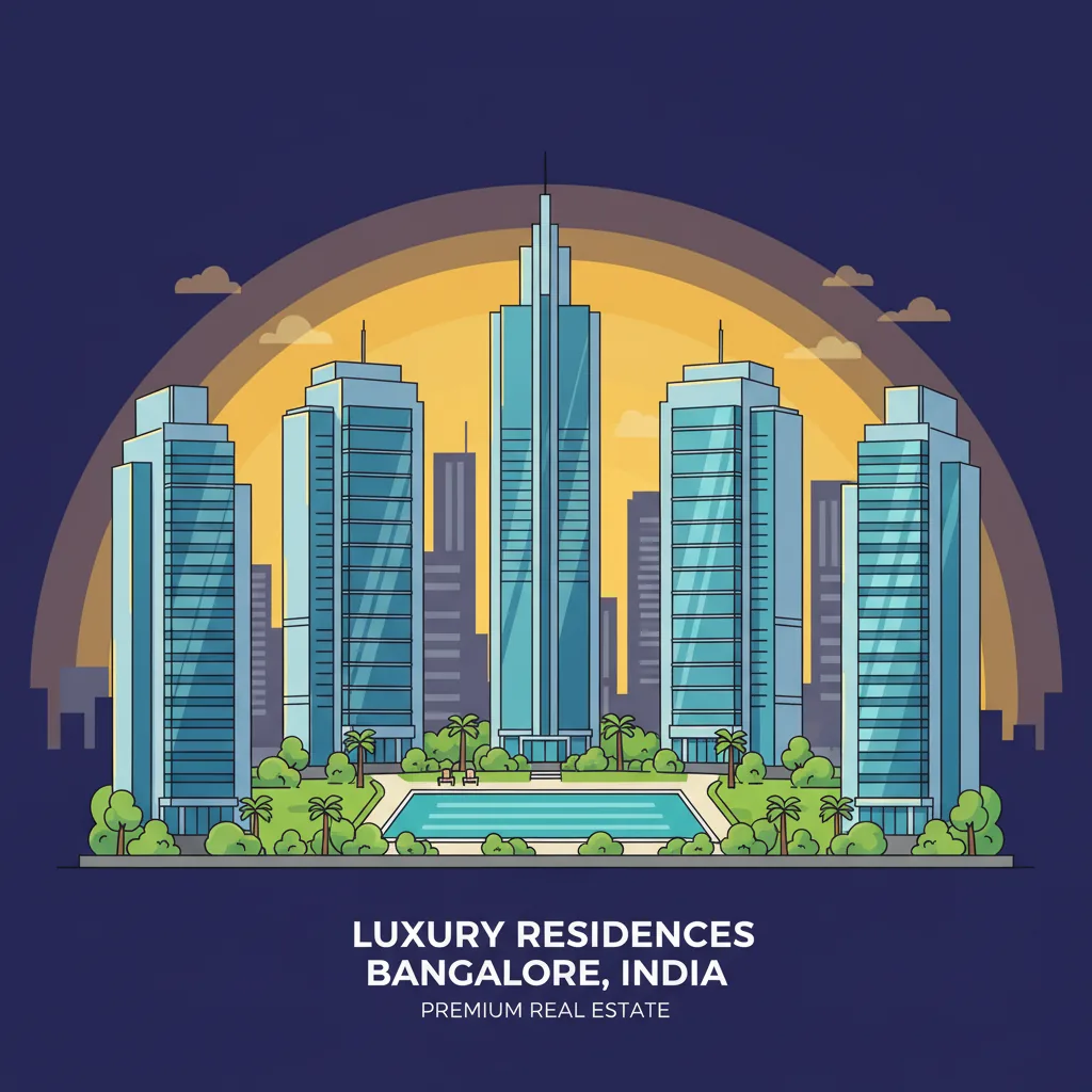 Modern luxury residential apartment complex in Bangalore with high-rise towers, glass facades, and premium amenities