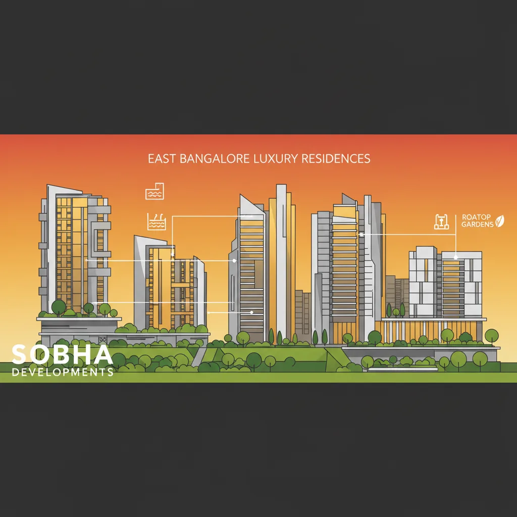 Modern luxury residential towers in East Bangalore at golden hour, architectural infographic style showing Sobha developments