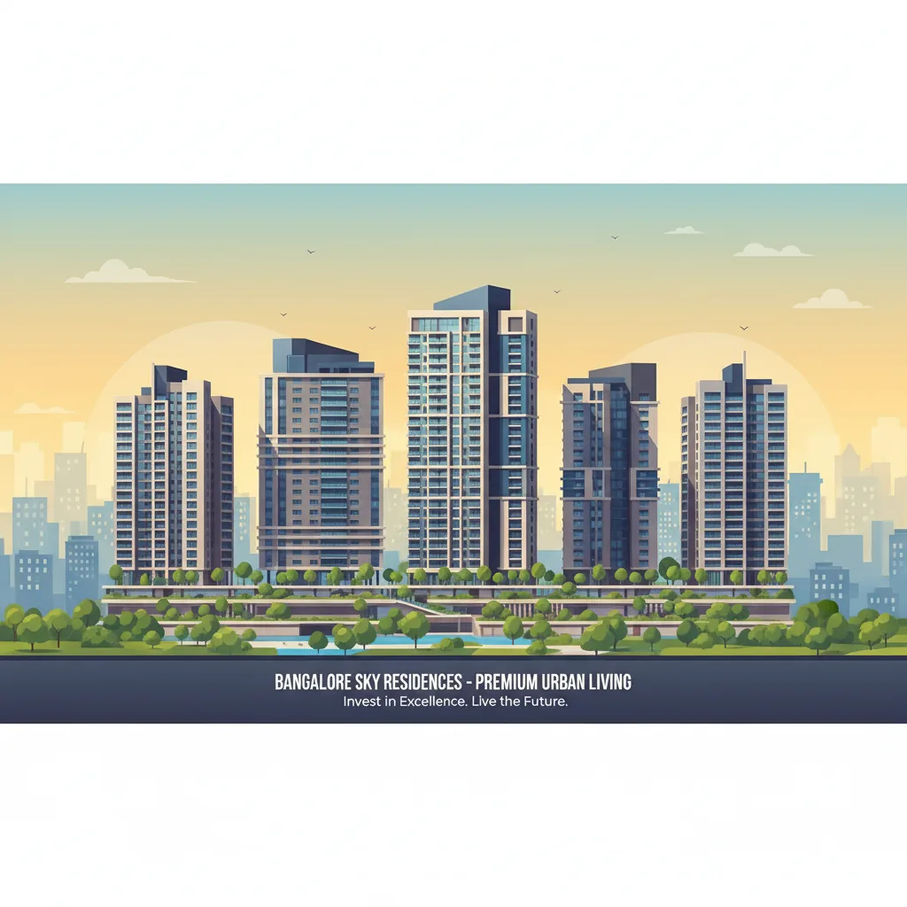 Modern luxury residential apartment towers in Bangalore cityscape, premium real estate development, clean architectural lines, green landscaping, golden hour lighting, professional real estate photography style, upscale urban living