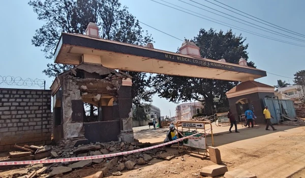 A detailed close-up of the MVJ Medical College and Research Hospital signage located near the Sobha Hoskote project site showcasing the availability of top-tier medical research facilities
