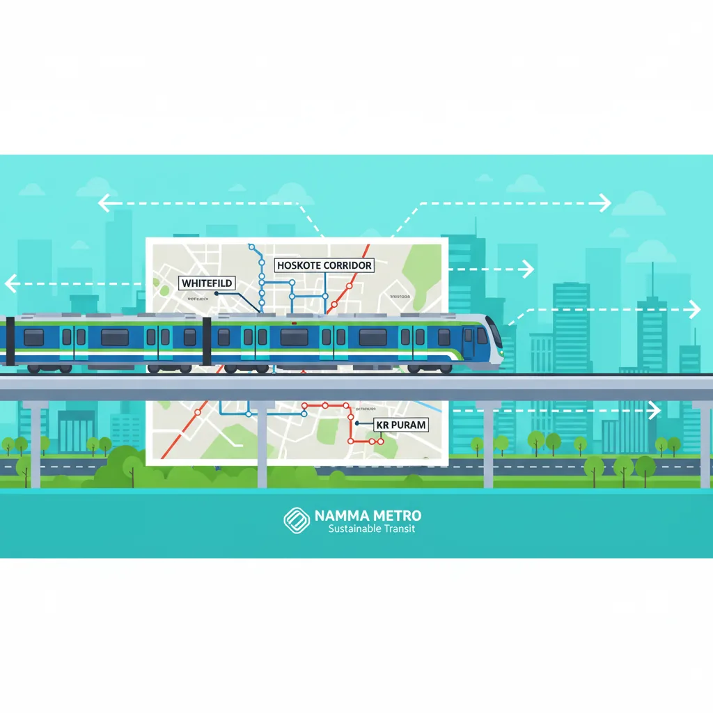 Hoskote Metro: Current Connectivity and Future Expansion Plans - Namma Metro train traveling through East Bangalore urban landscape showing metro expansion routes