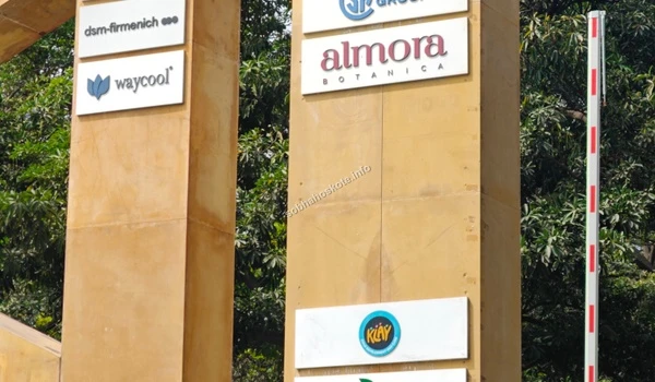 Detailed shot of the directory pillar highlighting the Almora and Klay branding at the tech park entrance near Sobha Hoskote
