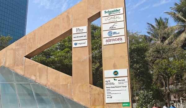 Wide angle view of the modern triangular architecture at the entrance gate of the tech park accessible from Sobha Hoskote