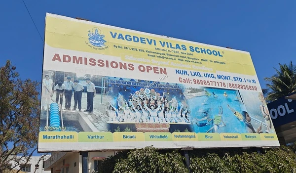 Outdoor signage of Vagdevi Vilas School showcasing its multiple branches and comprehensive academic programs easily accessible from Sobha Hoskote