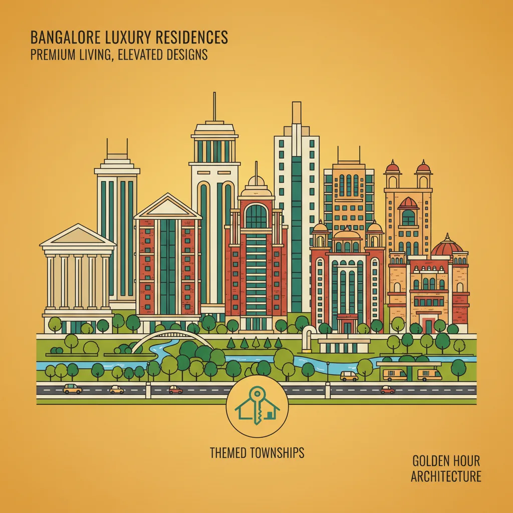 Modern luxury residential skyline of Bangalore featuring premium high-rise apartments and themed townships