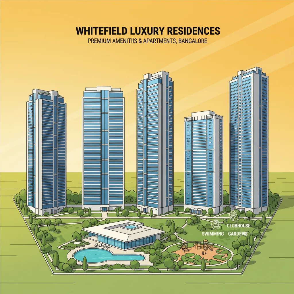 Modern luxury residential apartment complex in Whitefield Bangalore with high-rise towers, glass facades, and premium amenities
