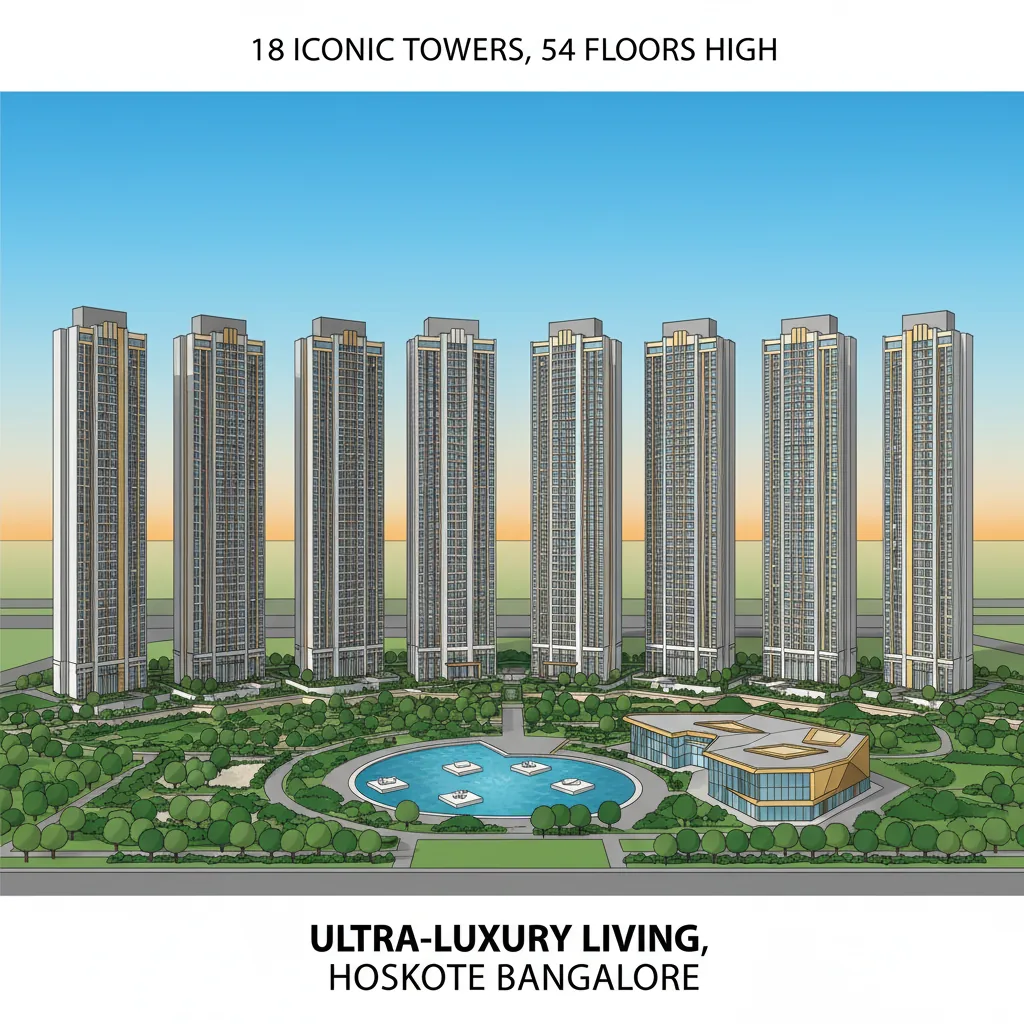 Modern luxury residential skyscrapers in Hoskote Bangalore featuring 18 iconic towers rising 54 floors high with landscaped gardens and world-class clubhouse