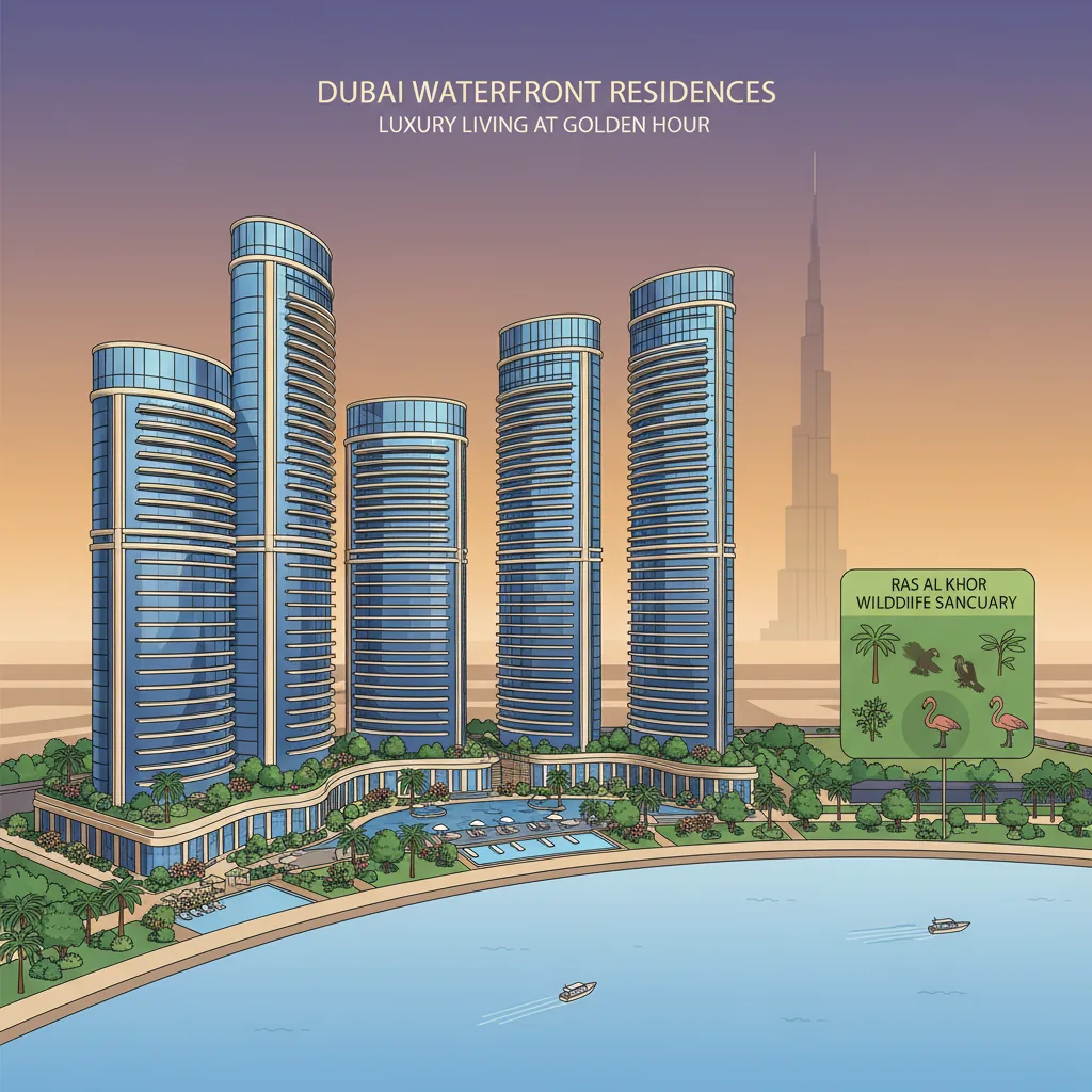 Modern luxury waterfront residential towers in Dubai, five interconnected skyscrapers with sleek glass architecture overlooking Dubai Creek
