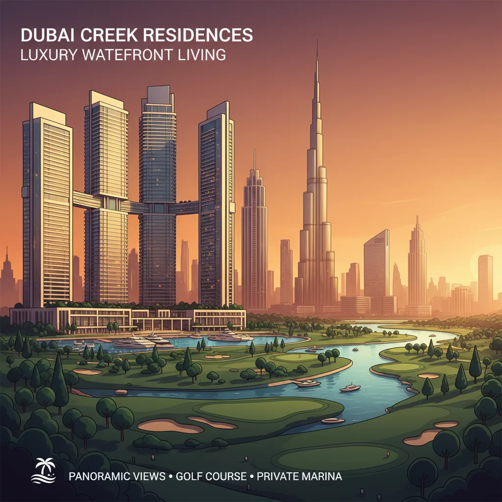 Luxury waterfront residential development in Dubai featuring five modern interconnected glass towers with panoramic views of Dubai Creek and Burj Khalifa
