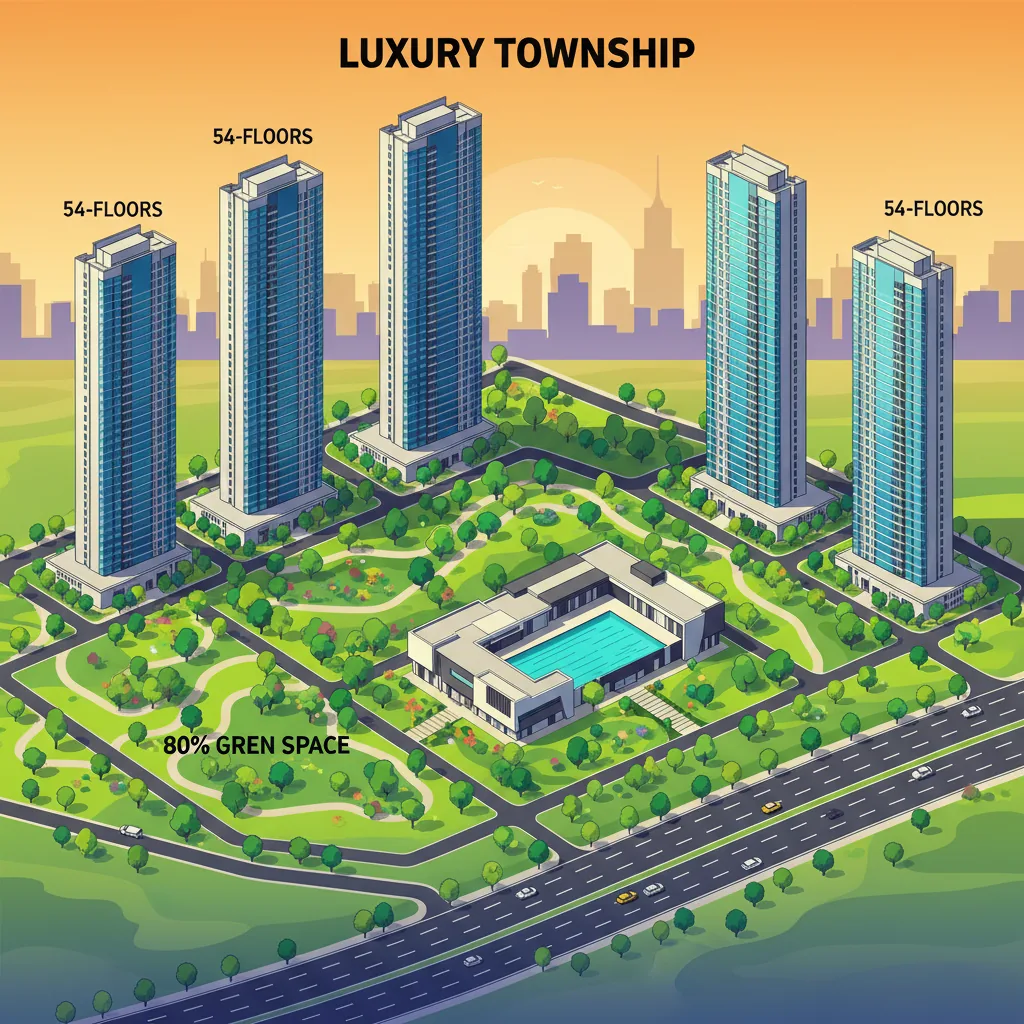 Modern luxury residential township aerial view featuring 54-floor high-rise towers with glass facades and lush green landscaped gardens