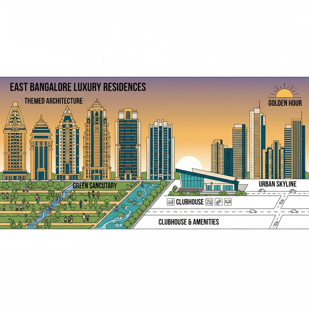 Modern luxury residential township in East Bangalore with themed architecture, green landscaped gardens, high-rise residential towers, clubhouse facilities, and contemporary urban skyline during golden hour
