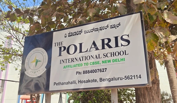 External signage of The Polaris International School located at Pethanahalli highlighting its location and contact details for residents of Sobha Hoskote