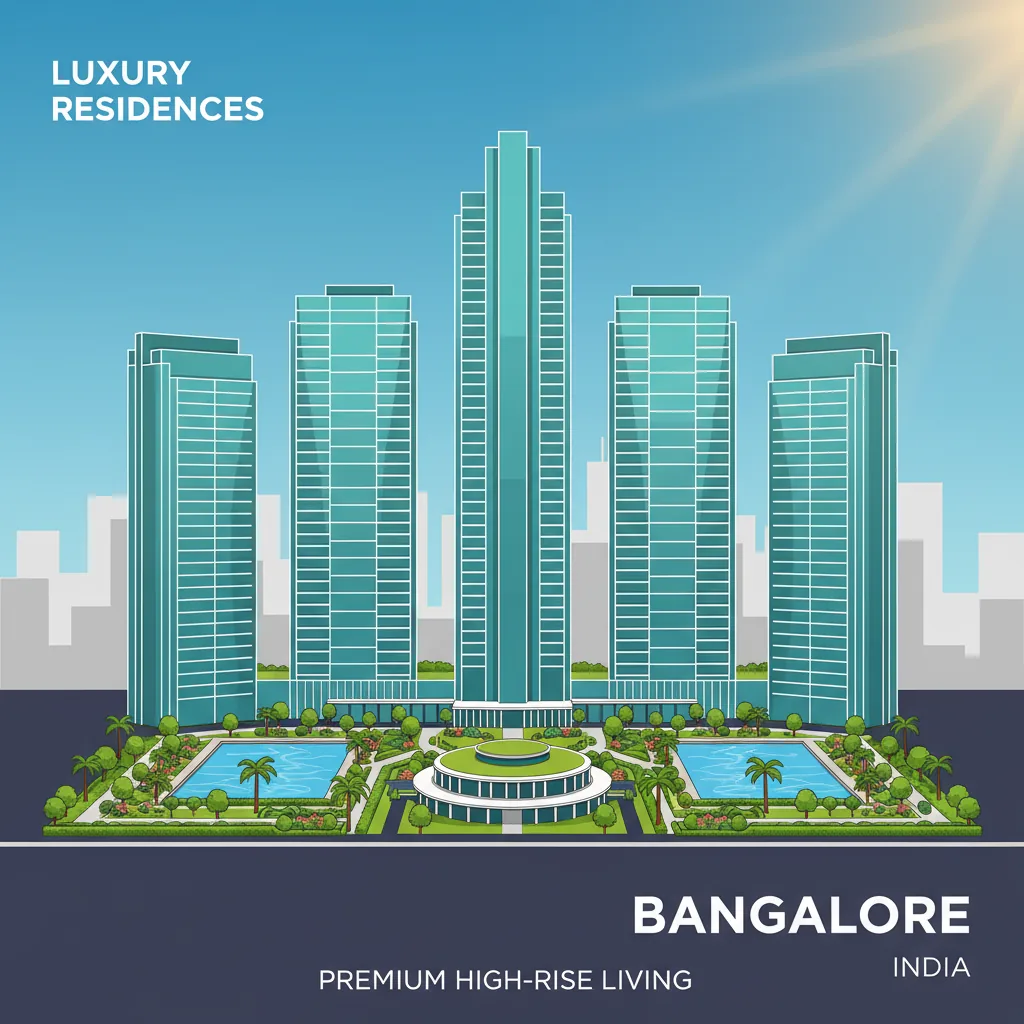 Modern luxury residential skyscrapers in Bangalore featuring five premium high-rise apartment towers with glass facades, lush landscaping and clubhouses