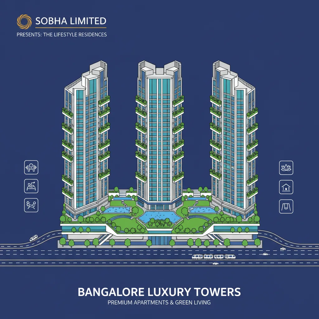 Modern luxury residential towers in Bangalore, premium apartment buildings with green landscaping and amenities