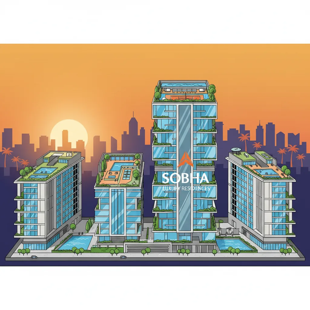 Modern luxury residential towers in Bangalore cityscape at golden hour with premium amenities
