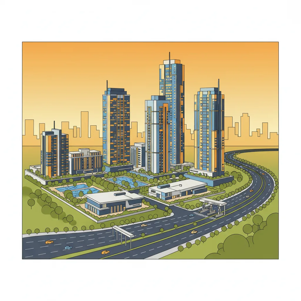 Aerial view of luxury residential township with high-rise towers and landscaped gardens near Hoskote Toll Plaza
