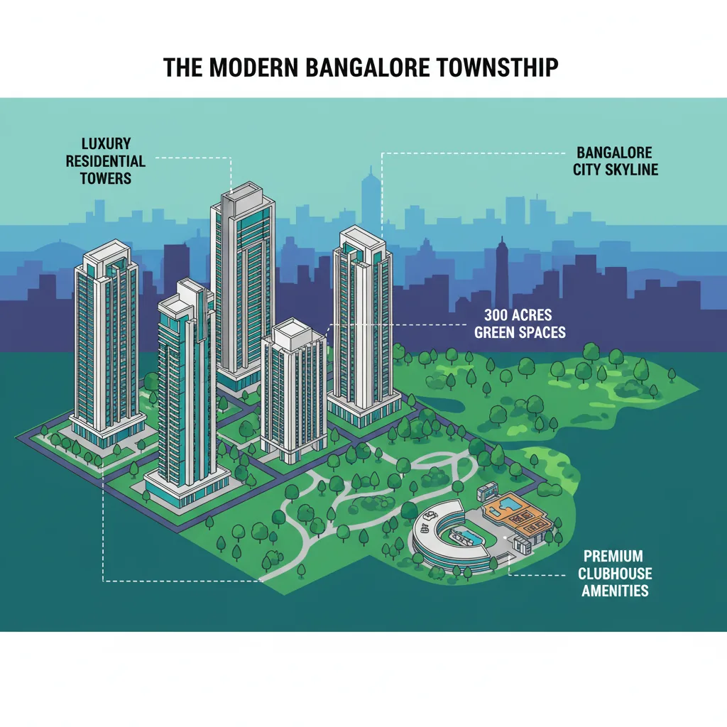 Modern luxury residential high-rise towers in Bangalore aerial view of Sobha Hoskote 300-acre integrated township with green landscapes and premium clubhouse amenities