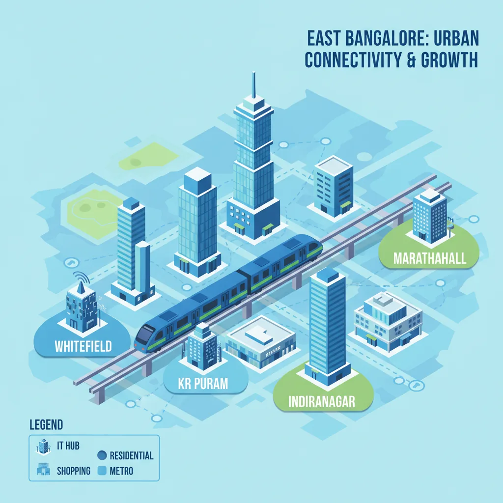 Modern infographic style illustration of East Bangalore cityscape showing iconic IT hubs, metro train, residential towers, and shopping malls