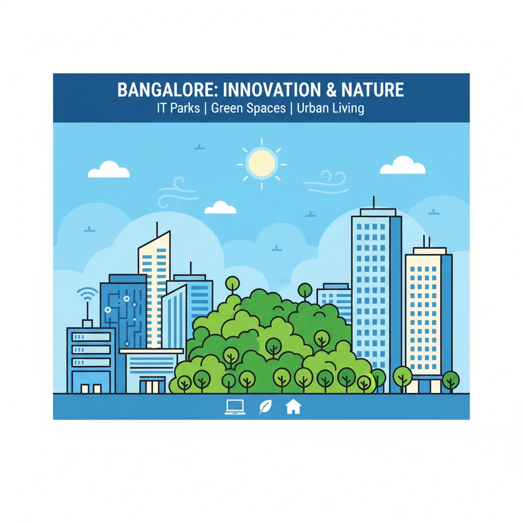 Modern infographic style illustration of Bangalore city skyline showing technology buildings, green parks, and pleasant weather elements