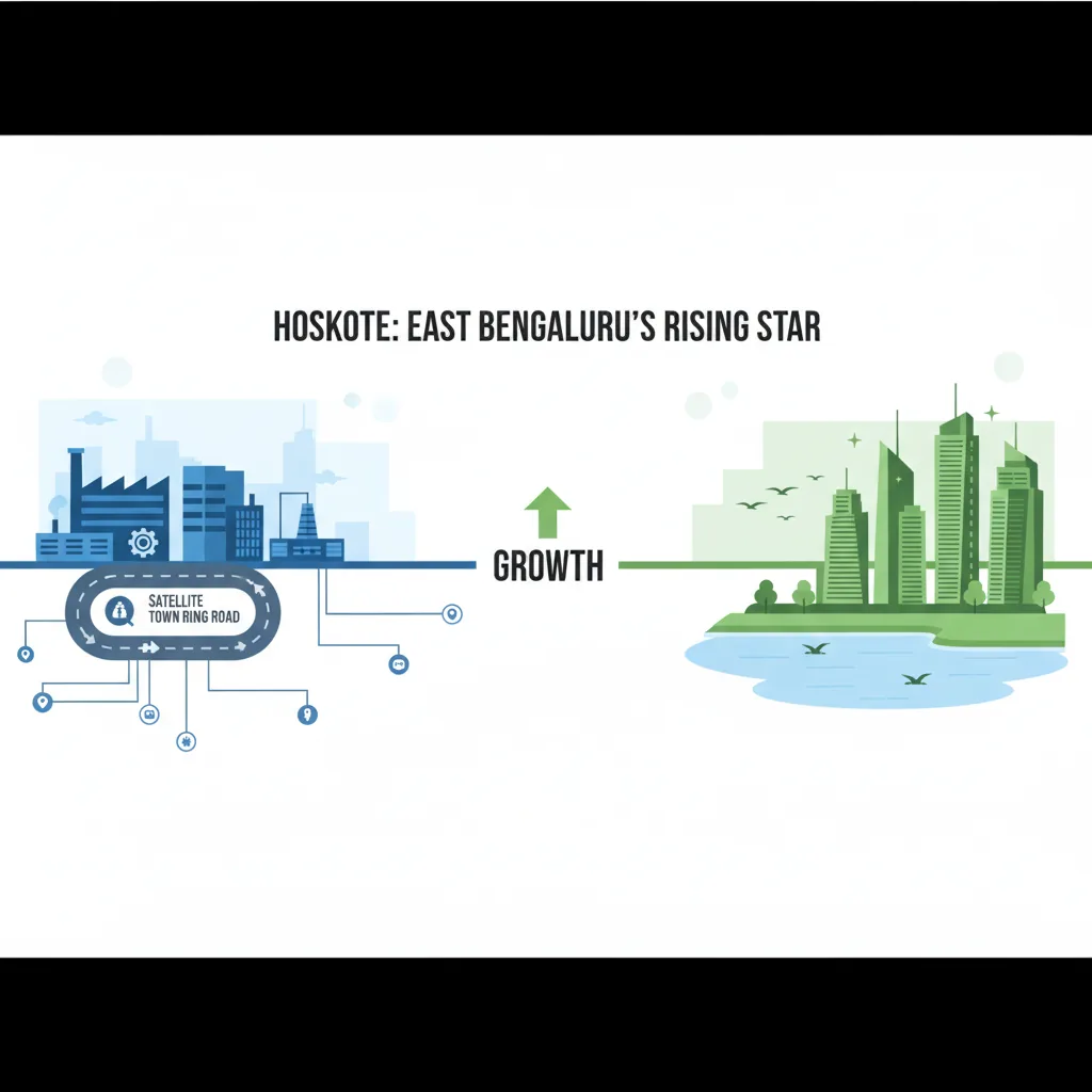 Modern infographic-style hero image showing Hoskote as a rising star of East Bengaluru with industrial skyline and lake views