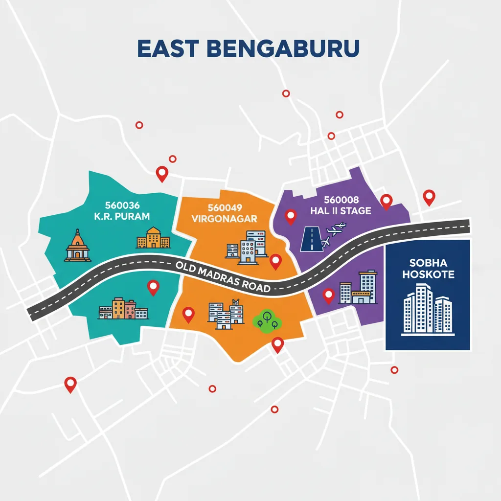 Map of Old Madras Road Bangalore showing multiple pin code zones including K.R. Puram, Virgonagar, and HAL II Stage
