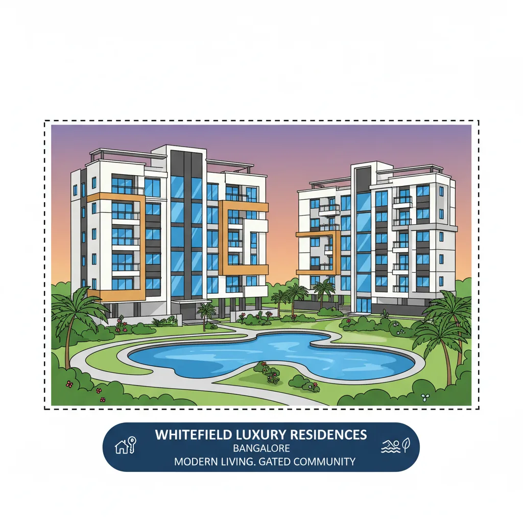 Modern luxury 2 BHK apartment building in Whitefield, Bangalore with pool and gardens