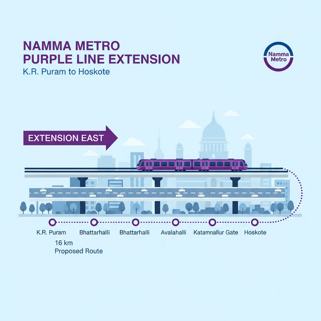 Infographic illustration of the proposed Namma Metro Purple Line extension from K.R. Puram to Hoskote showing the double-decker elevated corridor design
