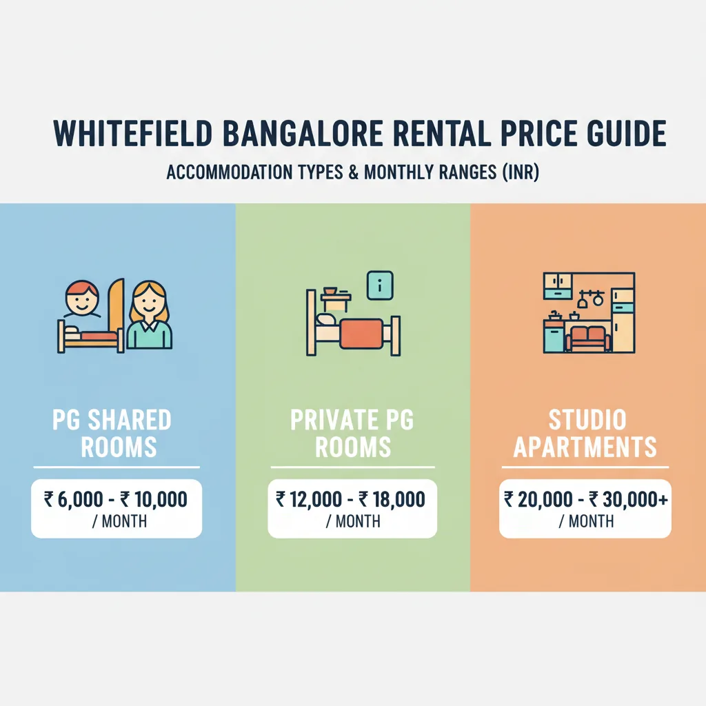 Rental price ranges infographic for PG shared rooms, private PG rooms, and studio apartments in Whitefield Bangalore