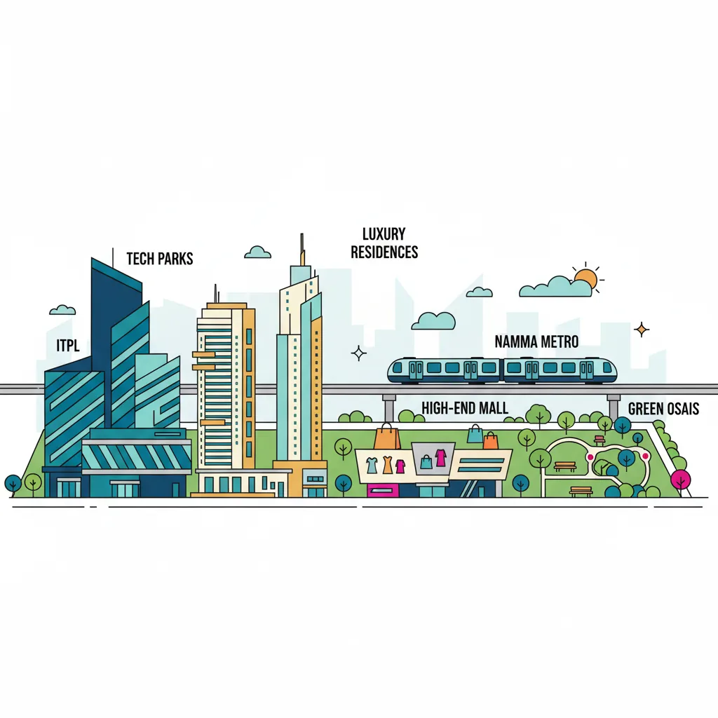 Modern Whitefield Bengaluru cityscape with tech parks, ITPL, luxury towers, Namma Metro, and green spaces
