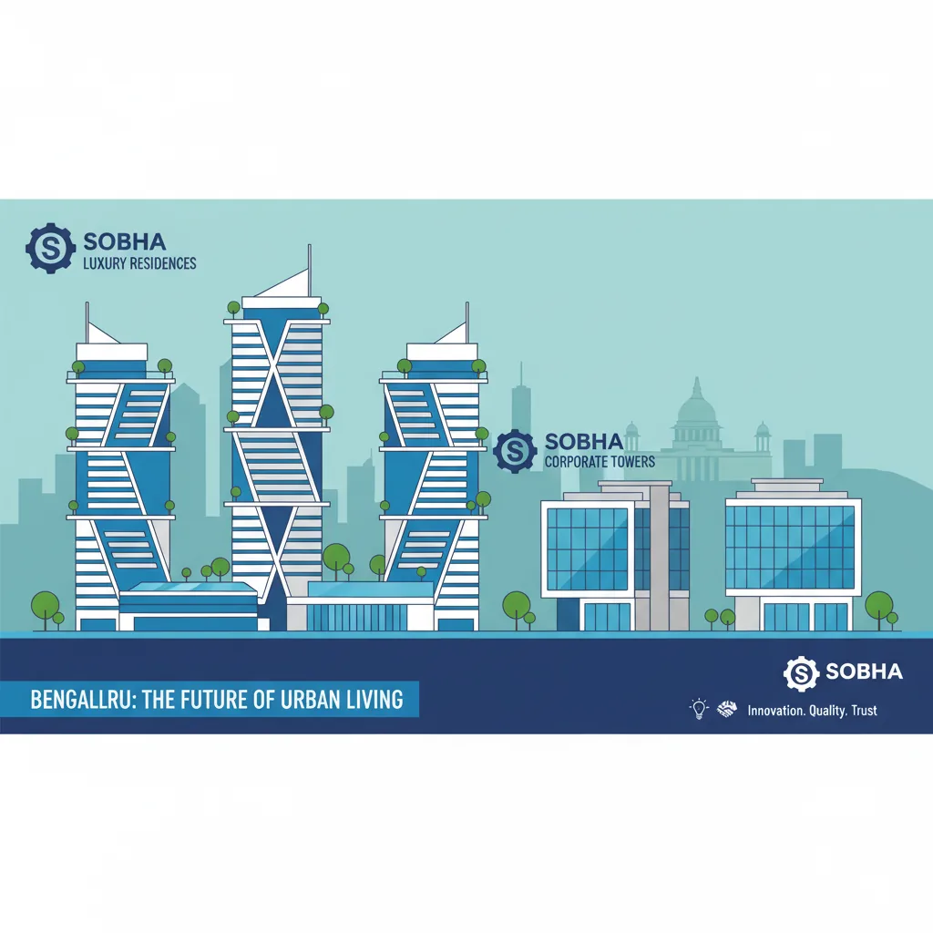 Modern real estate development infographic showing luxury residential towers and commercial buildings in Bengaluru India