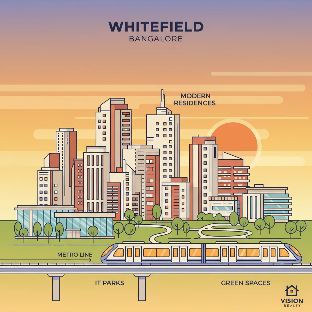 Modern residential skyline of Whitefield Bangalore with metro train, IT parks, and apartment buildings at sunset