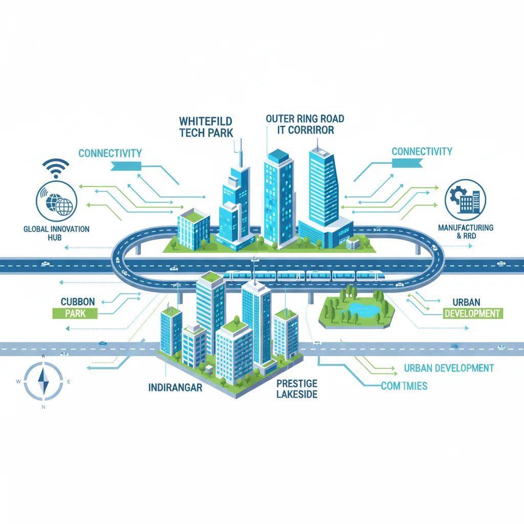 Modern infographic style illustration of East Bangalore cityscape showing iconic tech hubs, metro line, residential towers, and major neighborhoods like Whitefield and Indiranagar