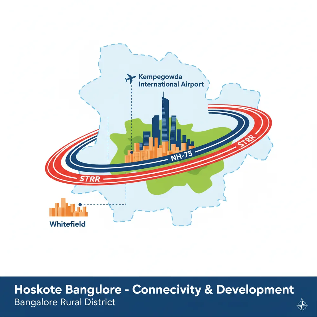 Hoskote Bangalore location map showing Bangalore Rural district boundaries, NH-75 highway connection, STRR ring road, and proximity to Whitefield and airport