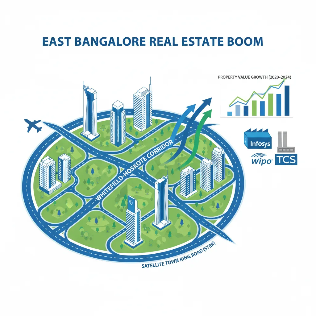 East Bangalore real estate growth infographic showing Whitefield-Hoskote corridor with highways, luxury residential towers, and infrastructure