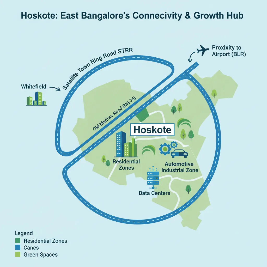 Hoskote location map showing connectivity via Old Madras Road and STRR in East Bangalore