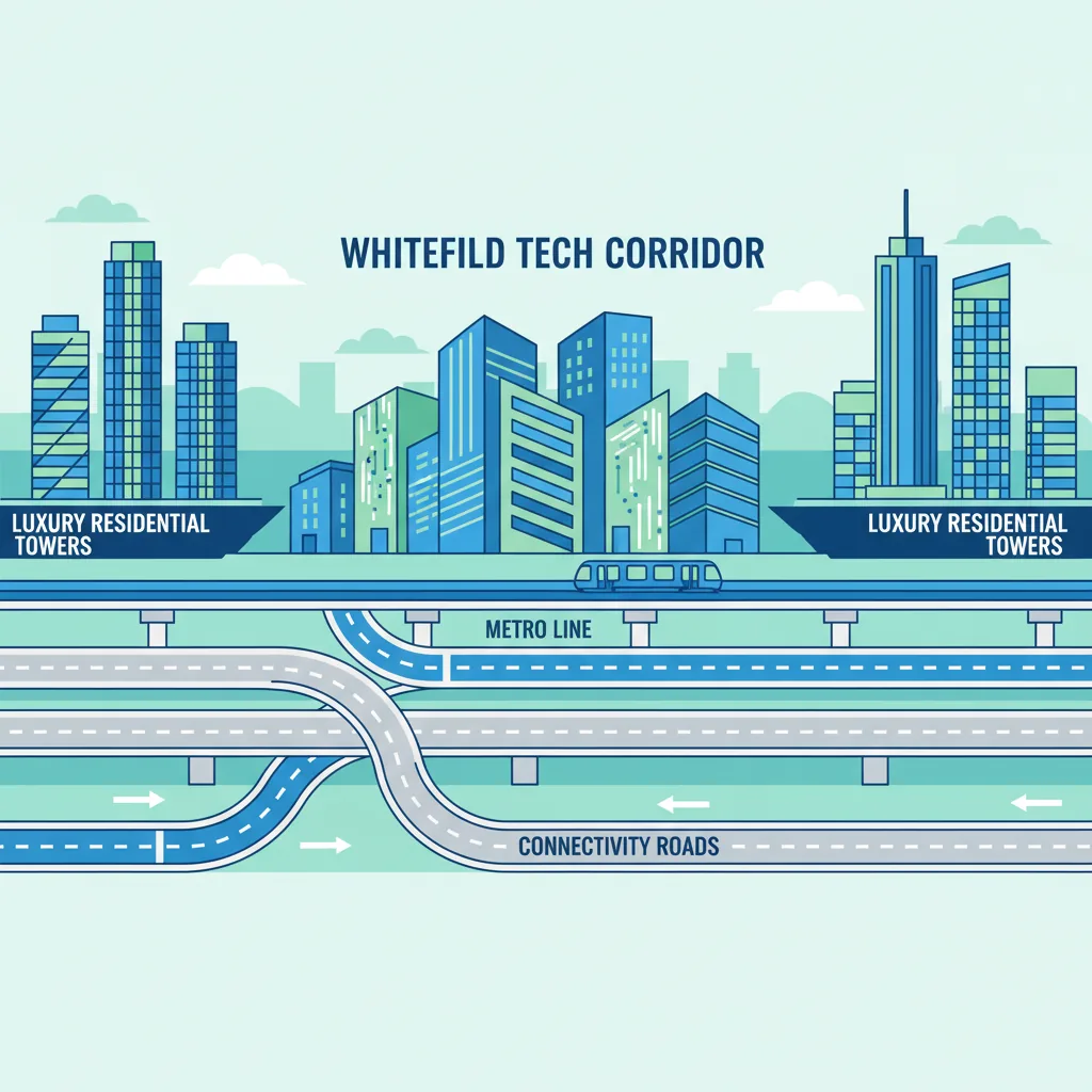 East Bangalore cityscape infographic showing Whitefield tech corridor, metro line, and connectivity