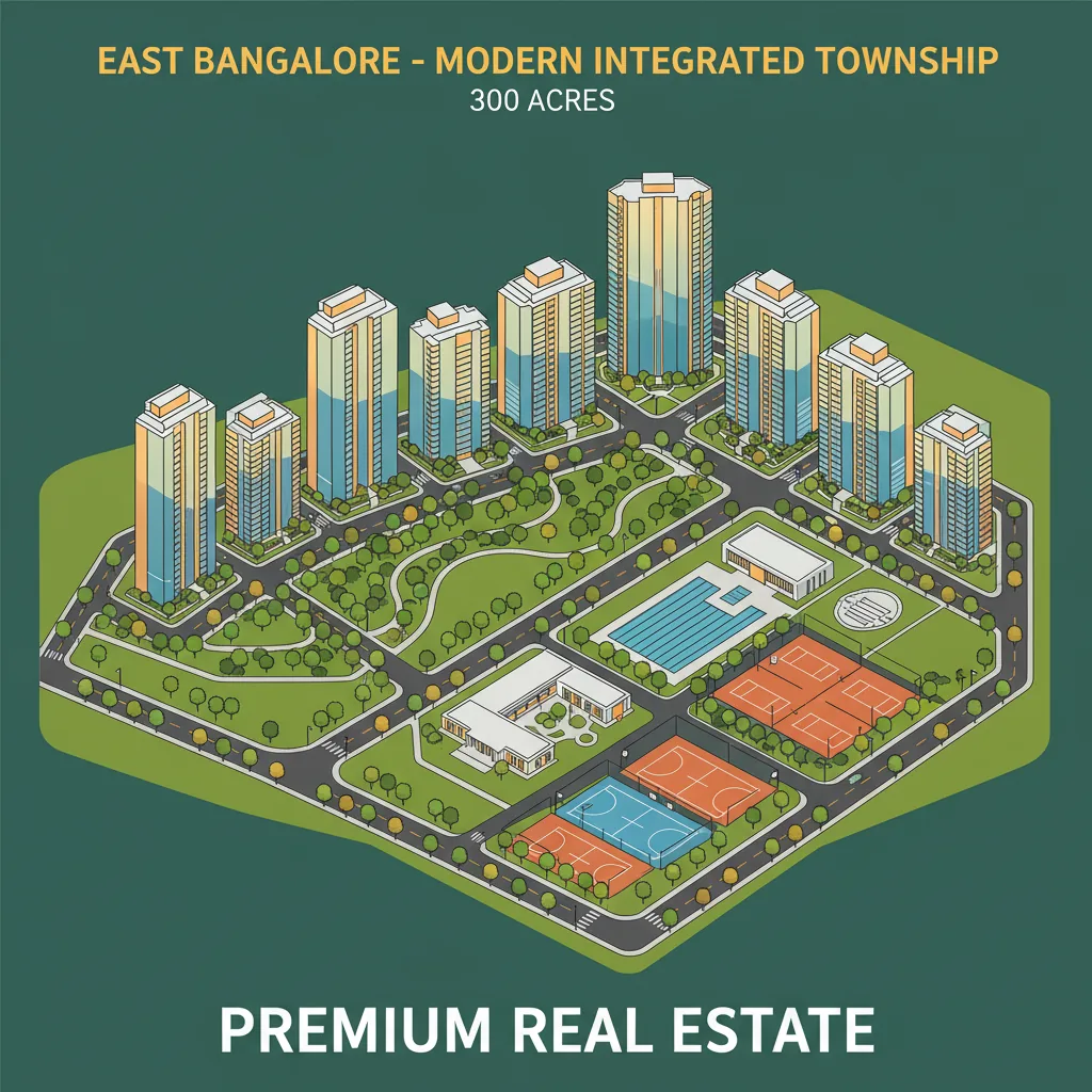 Aerial view of modern 300-acre integrated township with luxury residential towers and landscaped gardens