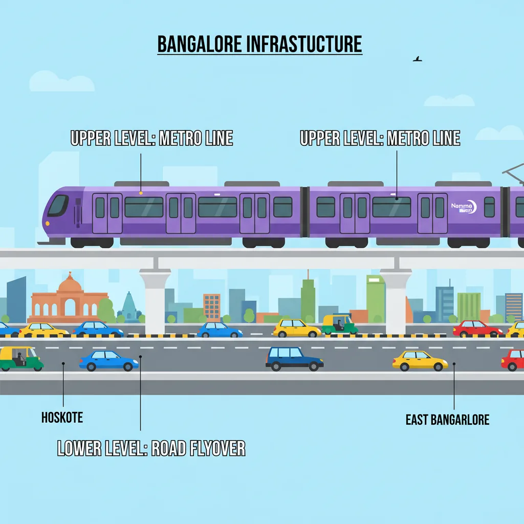 Modern double-decker metro infrastructure in Bangalore, India with Purple Line train on upper level and road flyover below